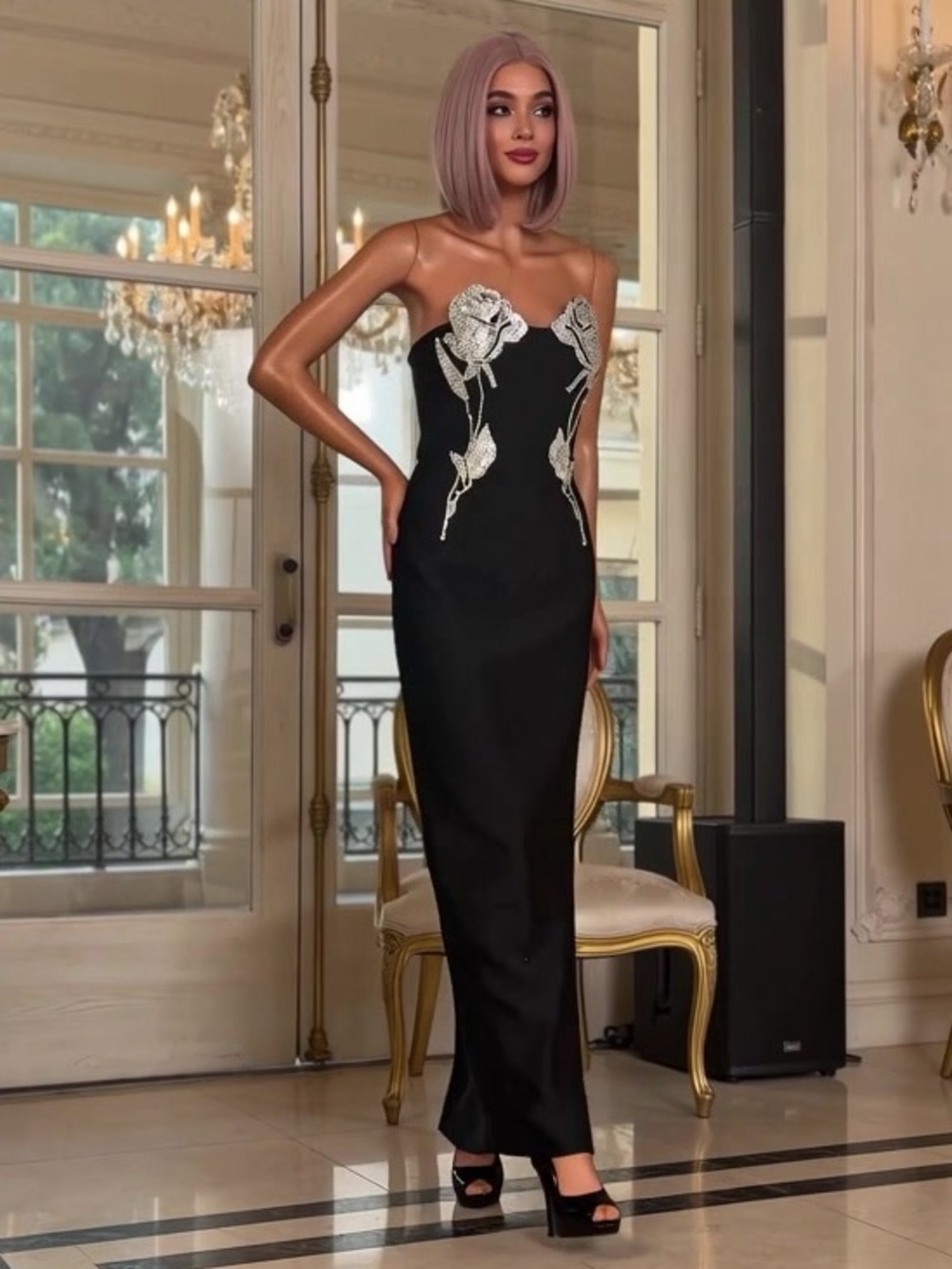 Fashion Nova Black Strapless Gown with Silver Floral Embellishment